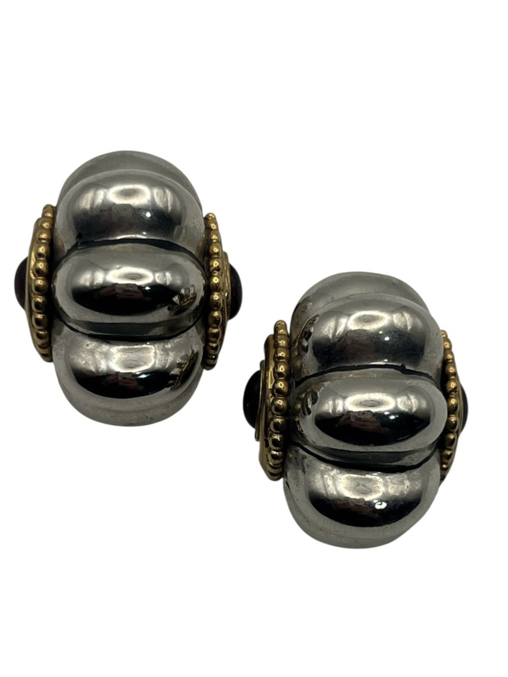 Two tone silver & gold tone fluted shrimp style brown cabochon clip on earrings